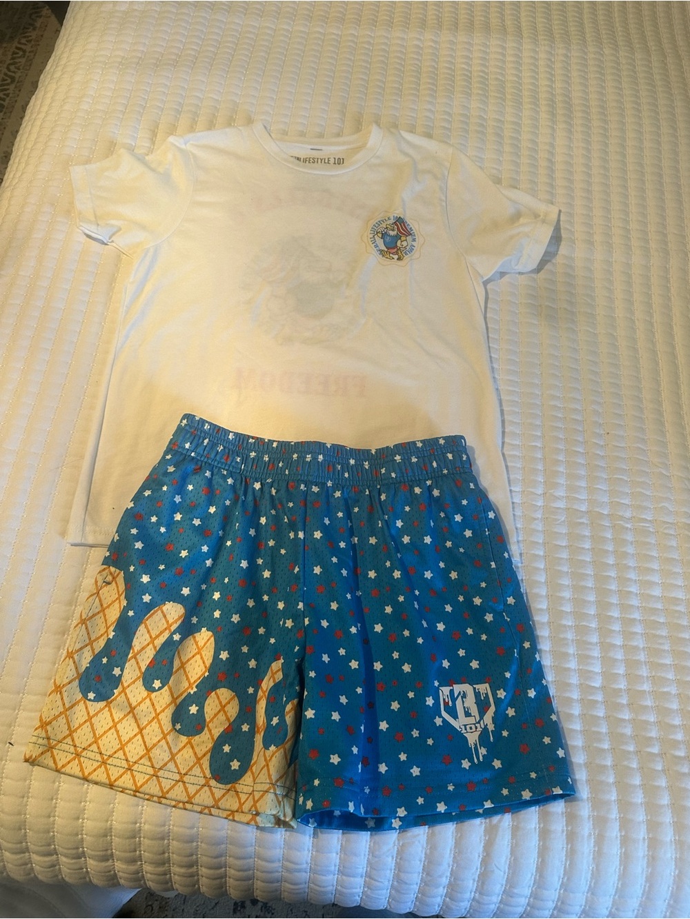 Lifestyle 101 Kids White Tee and Blue Star Print Shorts Matching Set